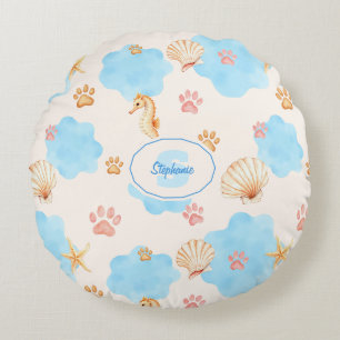 Ocean Inspiriert Paw Print Pattern mit Seepferden  Rundes Kissen