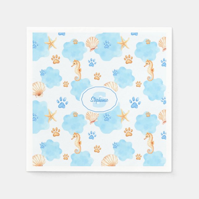 Ocean Inspiriert Paw Print Pattern mit Seepferden Serviette (Vorderseite)