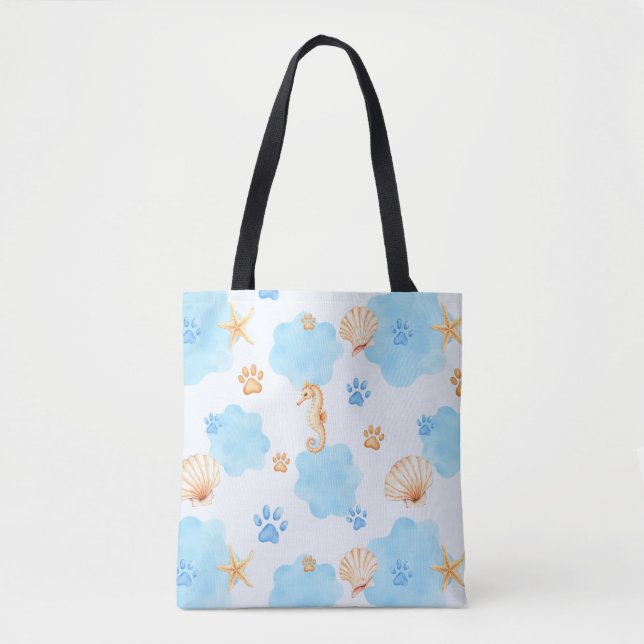Ocean Inspiriert Paw Print Pattern mit Seepferden Tasche (Vorderseite)