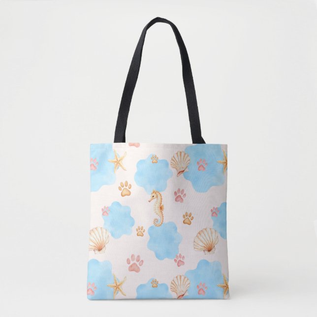 Ocean Inspiriert Paw Print Pattern mit Seepferden  Tasche (Vorderseite)