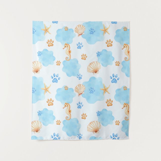 Ocean Inspiriert Paw Print Pattern mit Seepferden Wandteppich (Vorderseite)