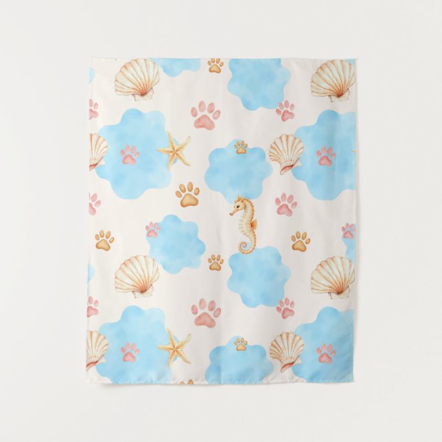 Ocean Inspiriert Paw Print Pattern mit Seepferden  Wandteppich (Vorderseite)