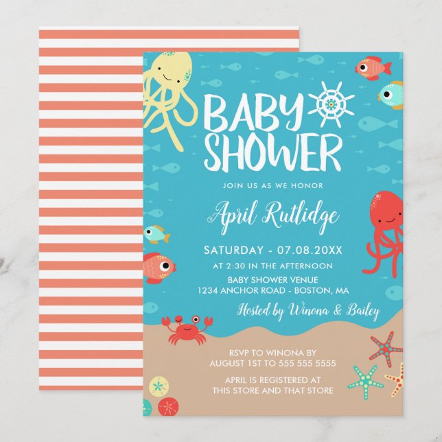 Ocean Life Nautical Baby Dusche Einladung (Vorne/Hinten)