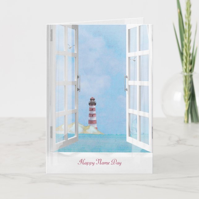 Ocean Lighthouse in Fenster Aquarell Name Day Karte (Vorderseite)