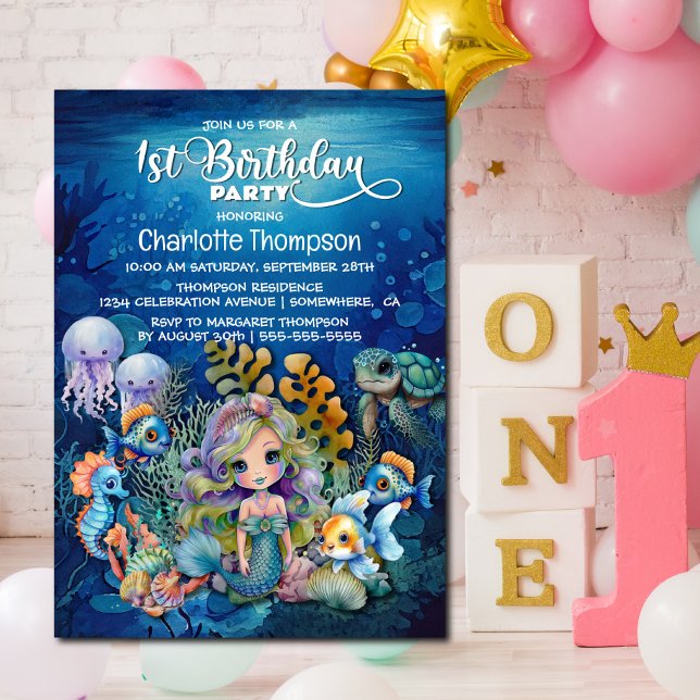 Ocean Mermaid 1er Anniversaire Fête Invitation (Créateur téléchargé)