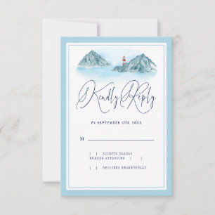 Ocean Mountain Lighthouse Light Blue Wedding RSVP Karte