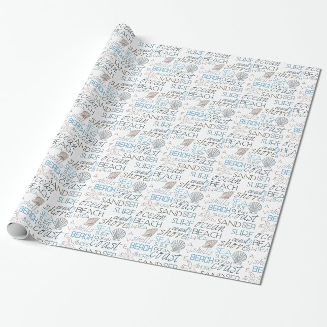 Ocean Muscheln Starfish Beach Typografie Geschenkpapier (Ungerollt)