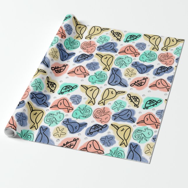 Ocean Narwhale Seepferd Turtle Doodles Geschenkpapier (Ungerollt)