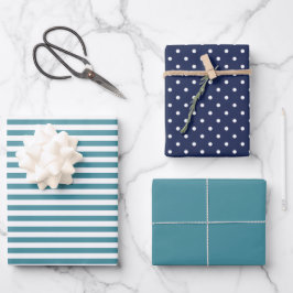 Ocean Navy Blue & Dark Cyan Stripe Polka Dot Schli Geschenkpapier Set