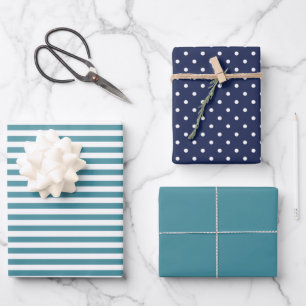 Ocean Navy Blue & Dark Cyan Stripe Polka Dot Schli Geschenkpapier Set