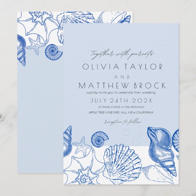 Ocean Navy Blue Muscheln Moderne Hochzeiten Einladung (Vorne/Hinten)