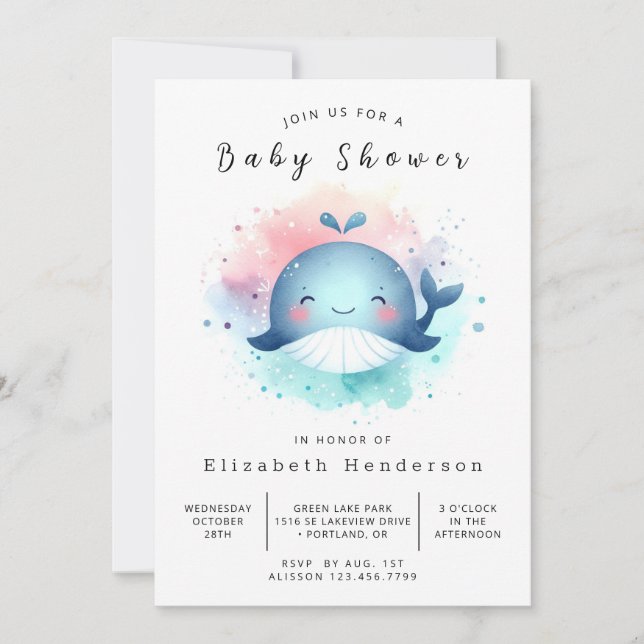 Ocean Printable Whale Baby Dusche Einladung (Vorderseite)