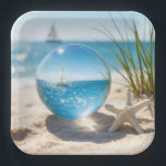 Ocean Reflection in a Lens Ball Pappteller<br><div class="desc">A sailboat on a sunlit ocean,  its reflection captured in a glass lens ball on beach sand next to a starfish</div>