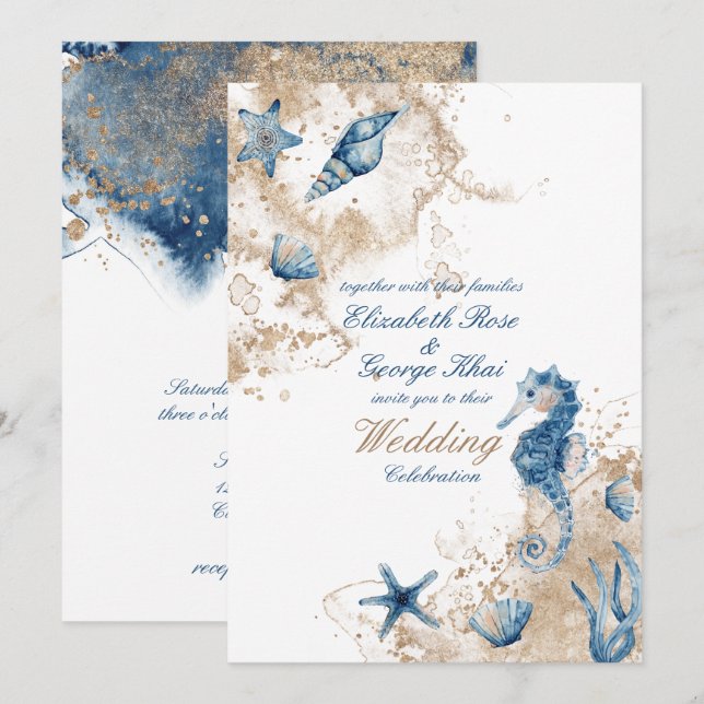Ocean Sea Beach Seepferd Nautical Wedding Einladung (Vorne/Hinten)
