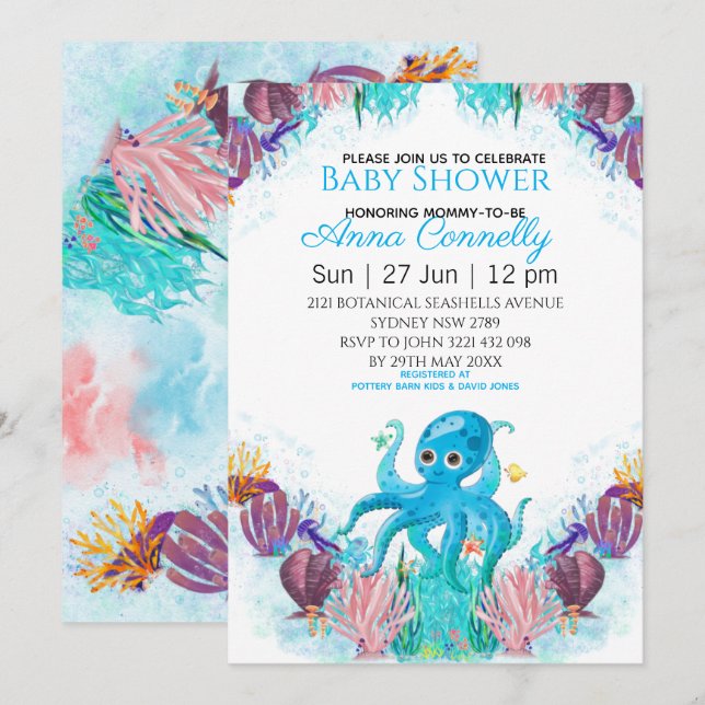 Ocean Sea Colorful Boy Octopus Babydusche Einladung (Vorne/Hinten)