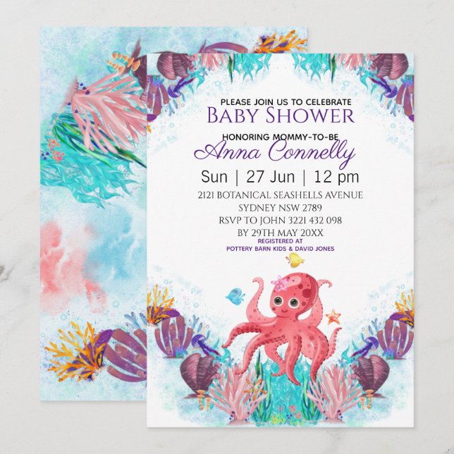 Ocean Sea Colorful Pink Octopus Baby Dusche Einladung (Vorne/Hinten)
