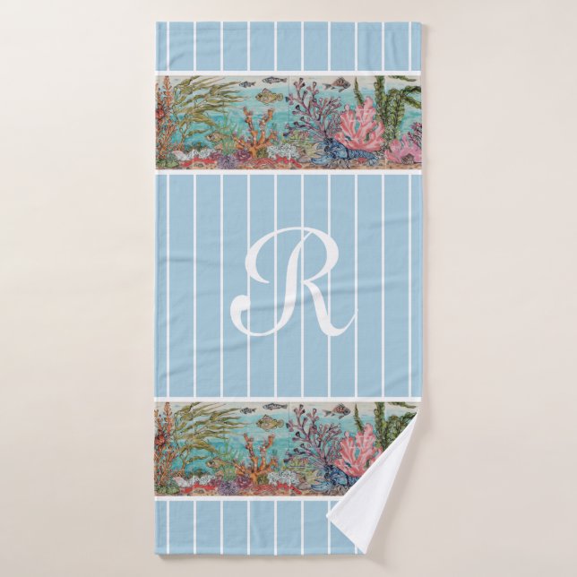 Ocean Sea Life Fish Blue Monogram Beach House   (Serviette de bain)