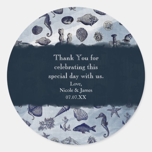 Ocean Sea Life Nautical Seashells Beach Wedding Runder Aufkleber (Vorderseite)