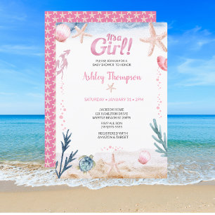 Ocean Sea Turtle Pink Girls Starfish Babydusche Einladung