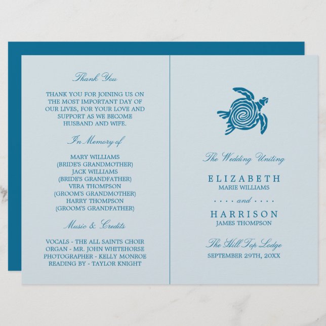 Ocean Sea Turtle, Sea Blue Beach Hochzeitsprogramm (Vorne/Hinten)