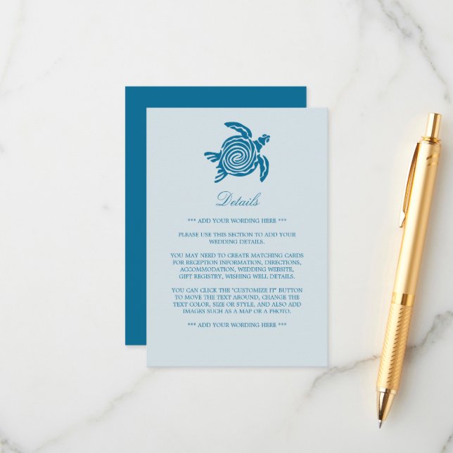 Ocean Sea Turtle, Sea Blue Beach Wedding Detail Begleitkarte (Vorderseite/Rückseite Beispiel)
