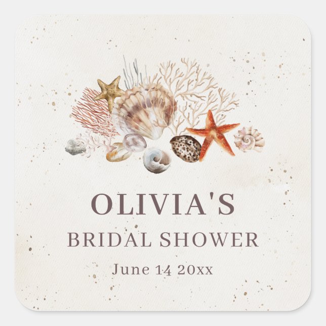 Ocean Seashells Beach Boho Coastal Bridal Shower Quadratischer Aufkleber (Vorderseite)