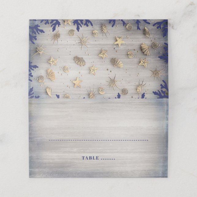 Ocean Seashells Gold und Navy Nautic Platzkarte (Außenseite Aufgefaltet)