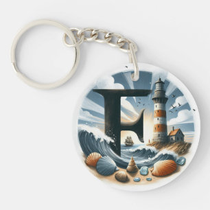 Ocean Seashore Lighthouse Sailboat Monogram F Schlüsselanhänger