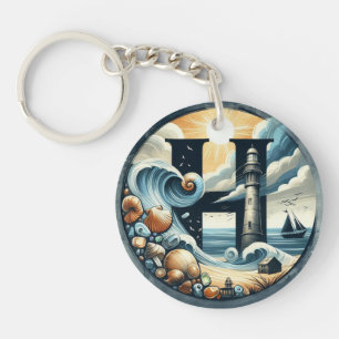 Ocean Seashore Lighthouse Sailboat Monogram H Schlüsselanhänger