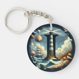 Ocean Seashore Lighthouse Sailboat Monogram I Schlüsselanhänger