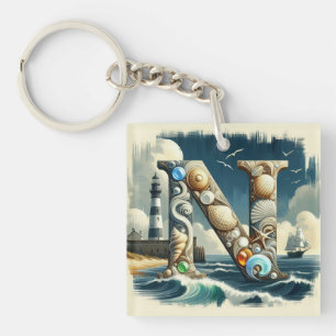 Ocean Seashore Lighthouse Sailboat Monogram N Schlüsselanhänger