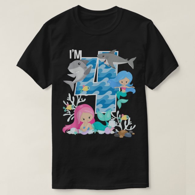 Ocean Sharks and Mermaids 4th Birthday 4 Year Old  T-Shirt (Design vorne)