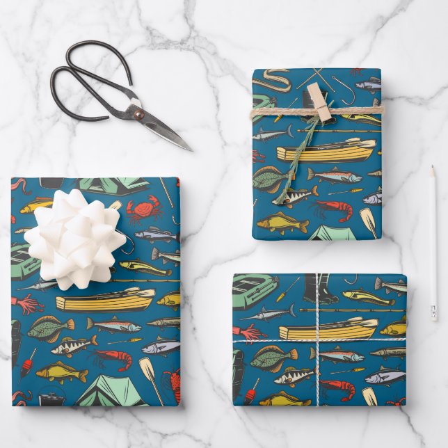 Ocean Shore Rubber Dingy Fishing Muster Geschenkpapier Set (Vorderseite)