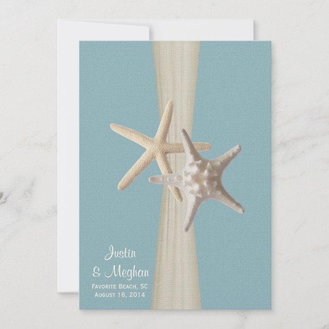 Ocean Sky Blue Burlap und Starfish Beach Wedding Einladung (Vorderseite)
