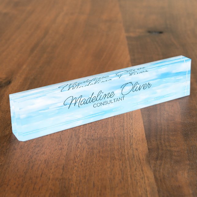 Ocean Sky Office Desk Travel Aqua Blue Modern Namensplakette (Seite)