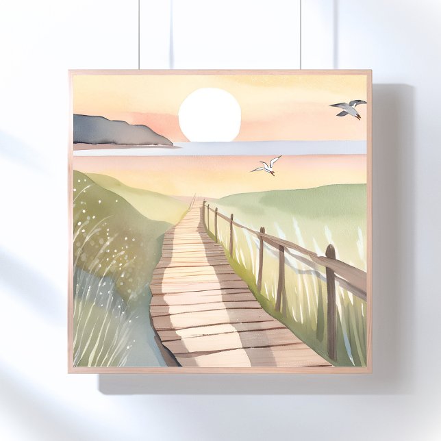 Ocean Stroll | Yellow Sunset Watercolor Poster (Von Creator hochgeladen)