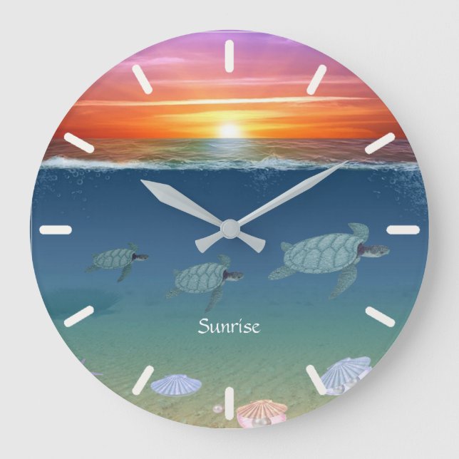 Ocean sunrise, sea turtles & pearls große wanduhr (Vorderseite)