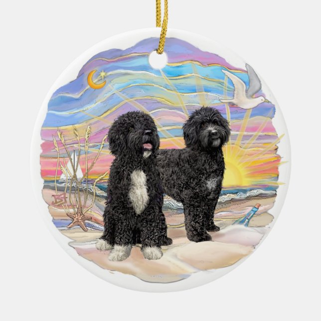 Ocean Sunrise - zwei portugiesische Wasserhunde Keramik Ornament (Vorne)
