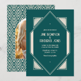 Ocean Teal & Pale Sand Art Deco Wedding Photo Einladung