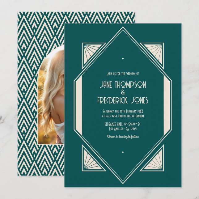 Ocean Teal & Pale Sand Art Deco Wedding Photo Einladung (Vorne/Hinten)