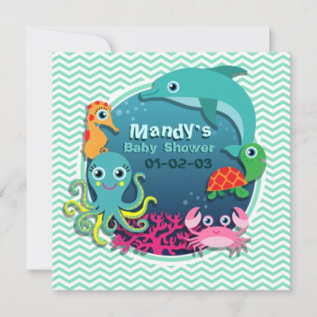 Ocean Theme Baby Dusche; Aqua Green Zickzack Einladung (Vorderseite)