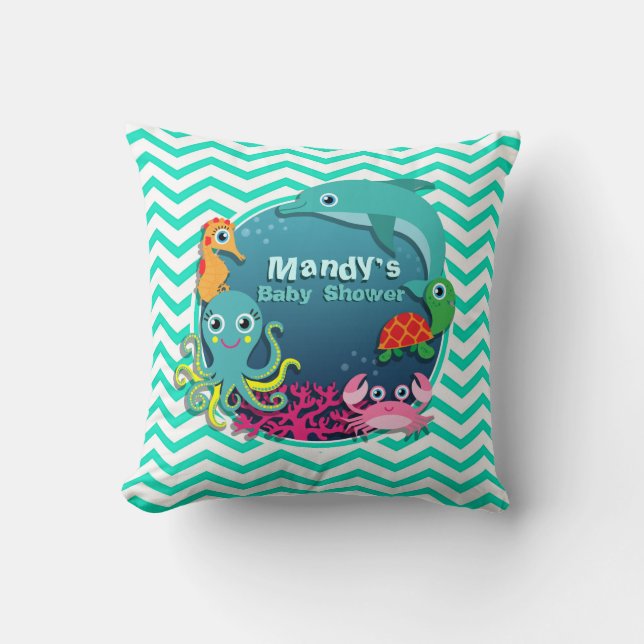 Ocean Theme Baby Dusche; Aqua Green Zickzack Kissen (Vorderseite)