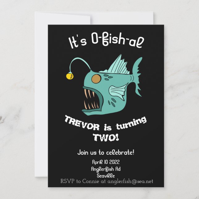 Ocean Theme Boys Birthday Anglerfish O-fish-al Inv Einladung (Vorderseite)
