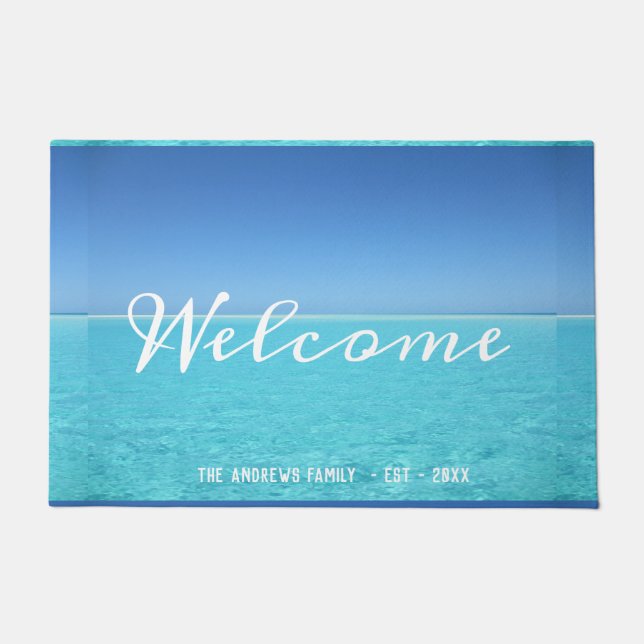 Ocean Tropical Beach House Calligraphy Willkommen Fußmatte (Vorderseite)