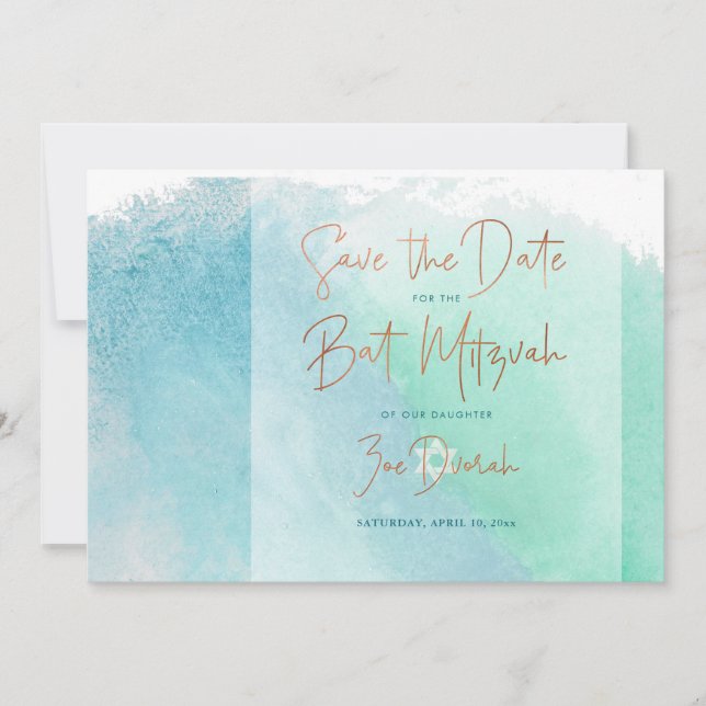 Ocean Watercolor Beach Bat Mitzvah Save the Date Einladung (Vorderseite)