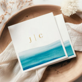 Ocean Watercolor Gold Initials Beach Wedding Serviette