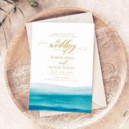 Ocean Watercolor Gold Script Beach Hochzeit Einladung
