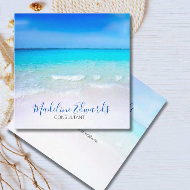 Ocean Wave Beach Blue Scene Moderne Monogram Squar Quadratische Visitenkarte (Von Creator hochgeladen)