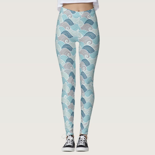 Ocean Wave Blue Grey Leggings (Devant)