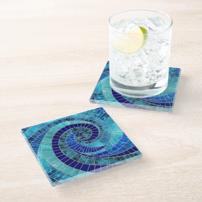 Ocean Wave Spiral Mosaik Art Glasuntersetzer (Schrägansicht)